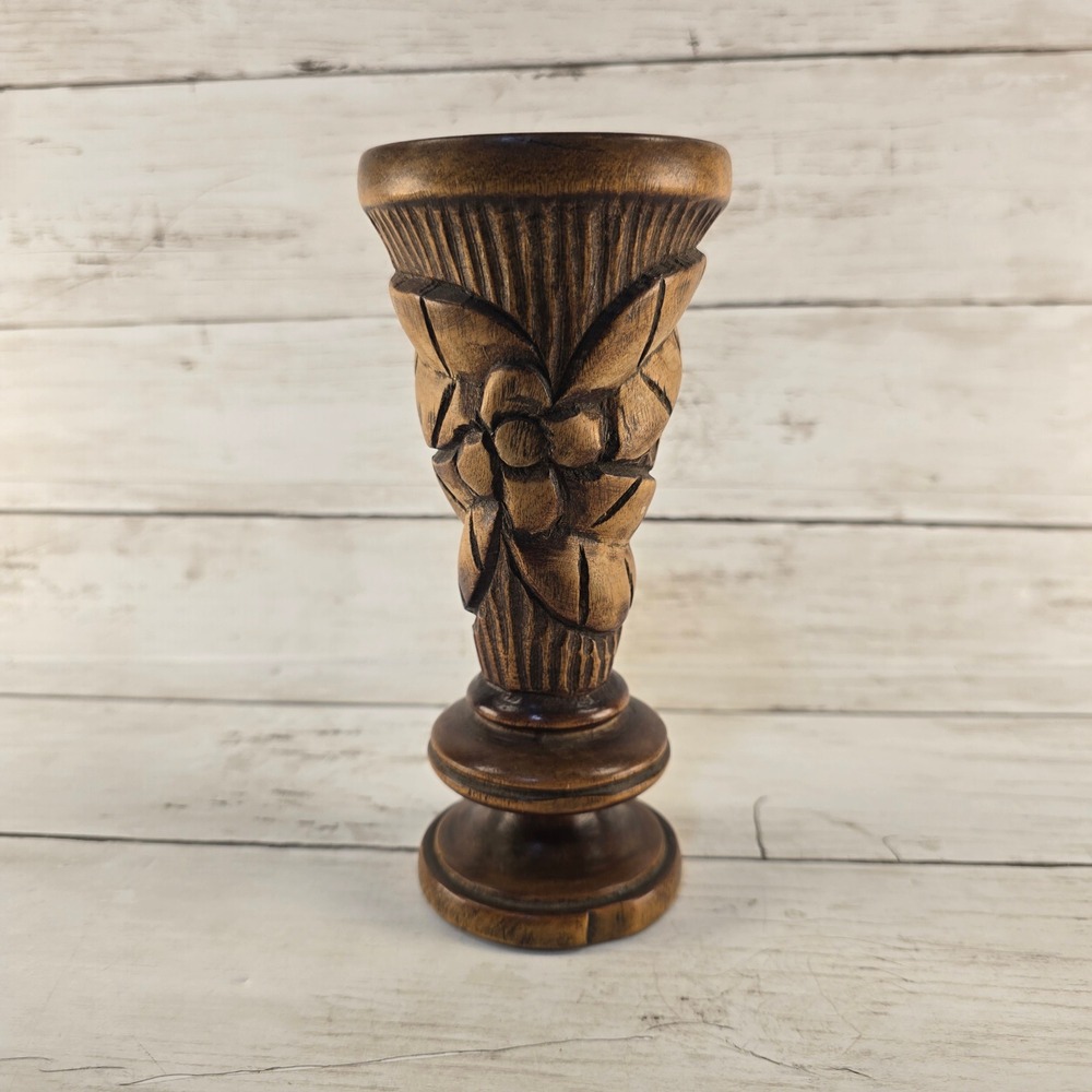 Vintage Hand Carved Wood Vase Floral Relief Pedestal Base Rustic Boho Decor 7in